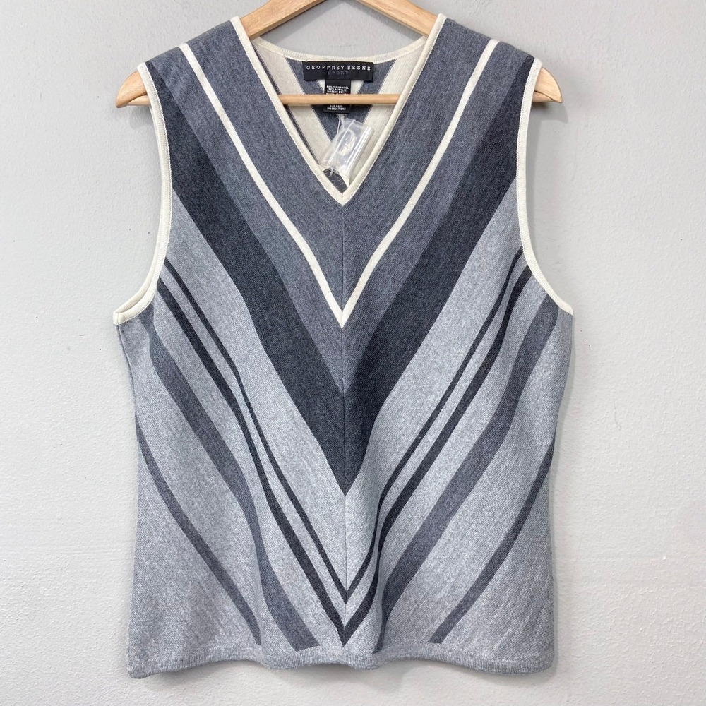Geoffrey Beene Sweater Vest Womens Size XL Grey Striped Merino Wool Knit Vintage